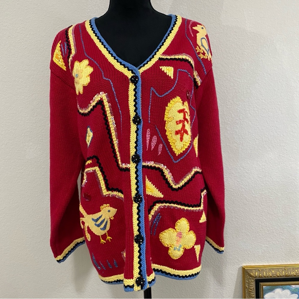 Vintage Storybook Knits Embroidered Cardigan‎ Home Shopping Network Red Yellow